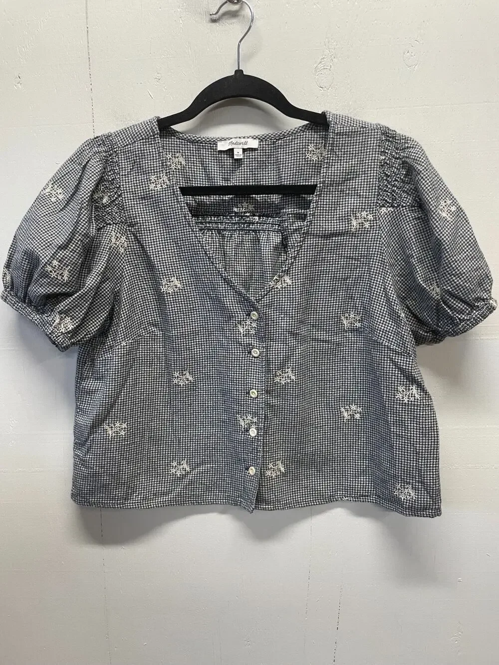 Madewell Women's V Neck Top Small Puff Sleeves Cropped Navy & Ivory Houndstooth